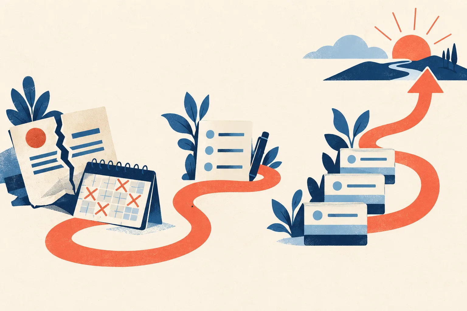 Illustrated route from missed payments toward an organized credit recovery plan