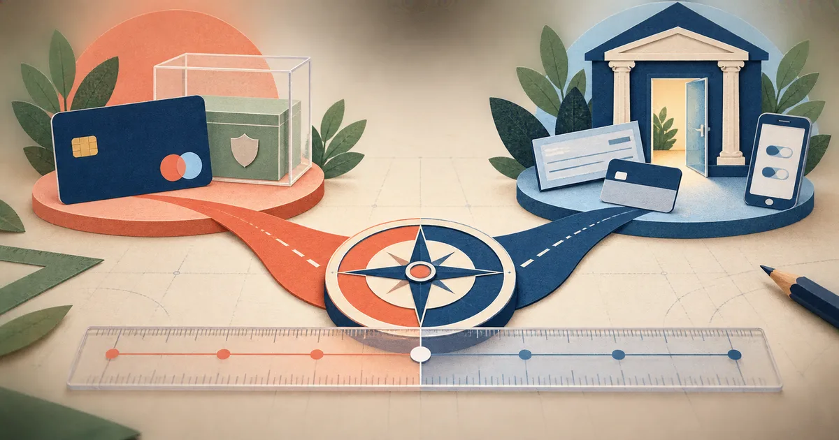 A decision compass separating credit-building and banking-access account routes