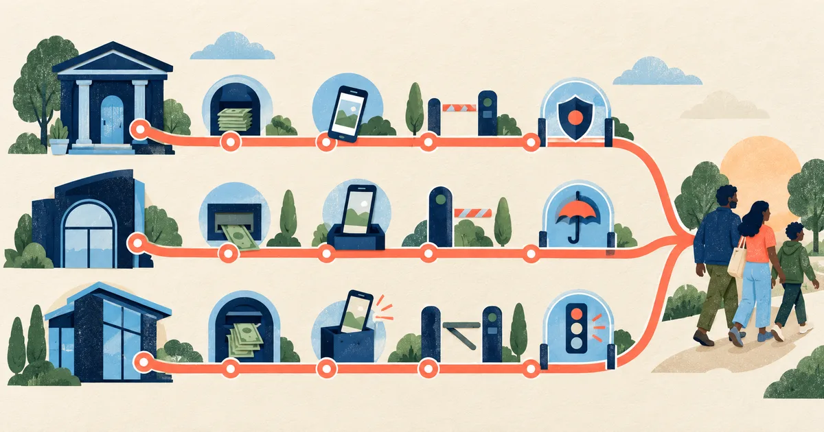 Three banking routes compared by access, fee gates, deposits, and safeguards