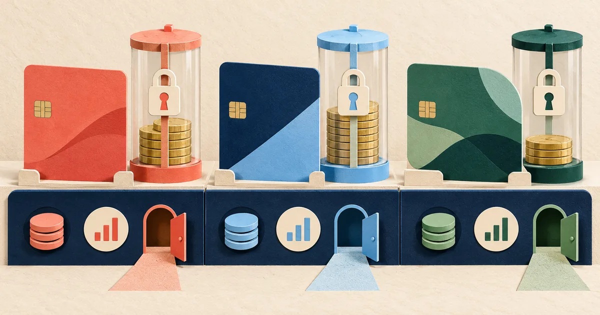 Three secured cards compared by protected deposits, reporting, cost, and exit path