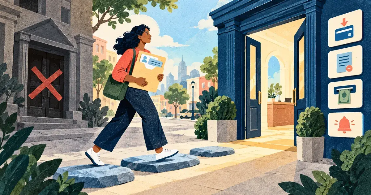 A person carrying records from a denied bank doorway toward restored account access