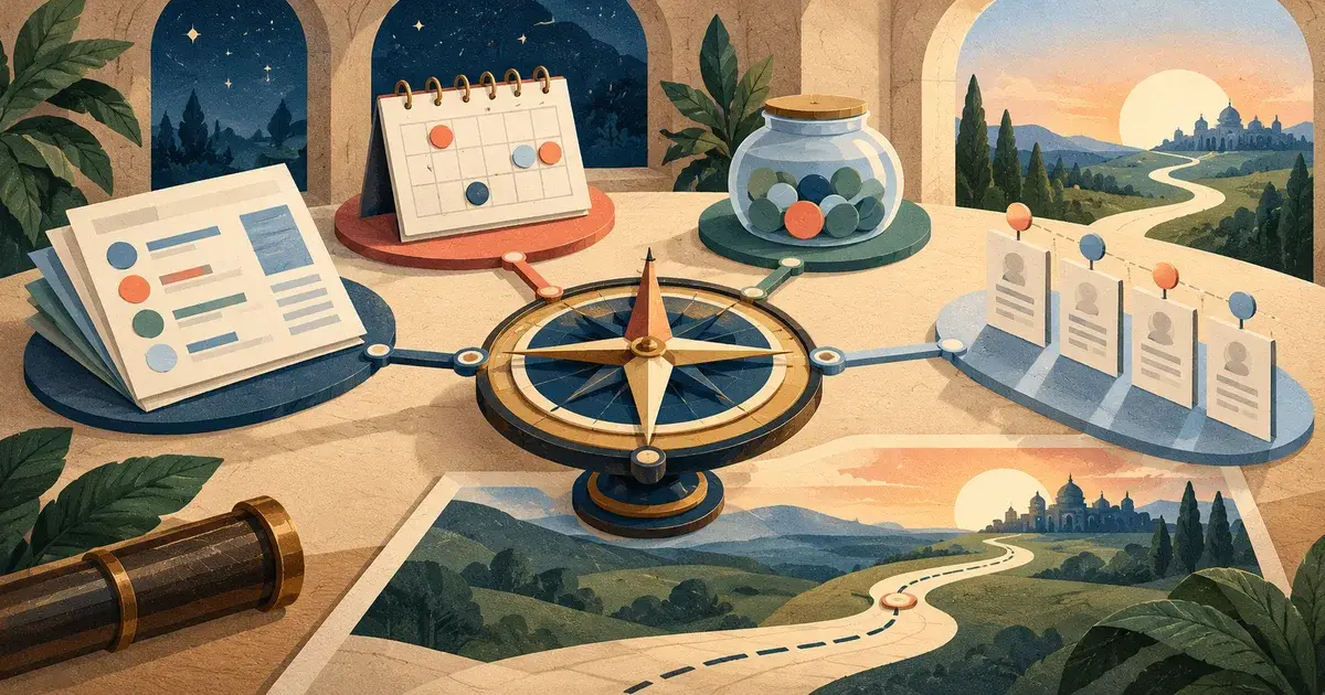 Reports, timing, balances, and applications arranged around a planning compass
