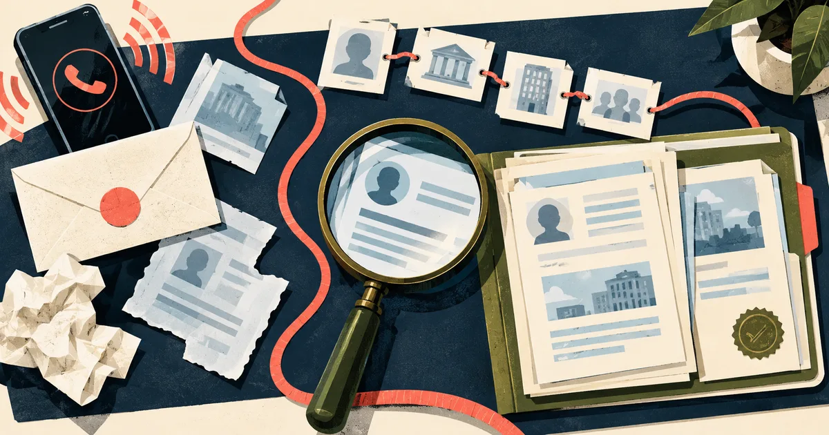 A collection notice and ownership trail being checked against an evidence file